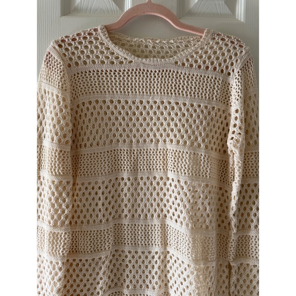 Boho Crochet Open Knit Sweater Cream Oversized Beachy S M - Picture 3 of 9